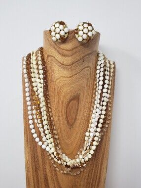 Vintage Multi-Strand White and Amber Beaded Necklace with Matching Earrings